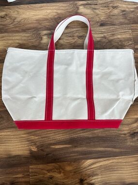 L.L. Bean White Canvas Tote with Red Trim Extra Large Zippered Top USA